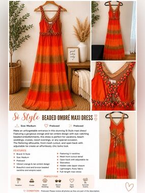 🧡 Si Style Beaded Ombré Maxi Dress | Size Medium | Boho Resort Vacation Dress